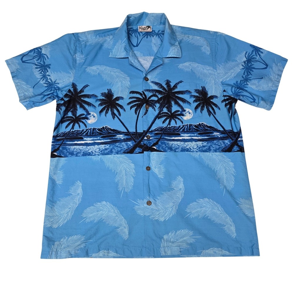 Vintage Paradise Style Hawaii Blue Palm Tree Moon Aloha Shirt Mens‎ XL Cotton
